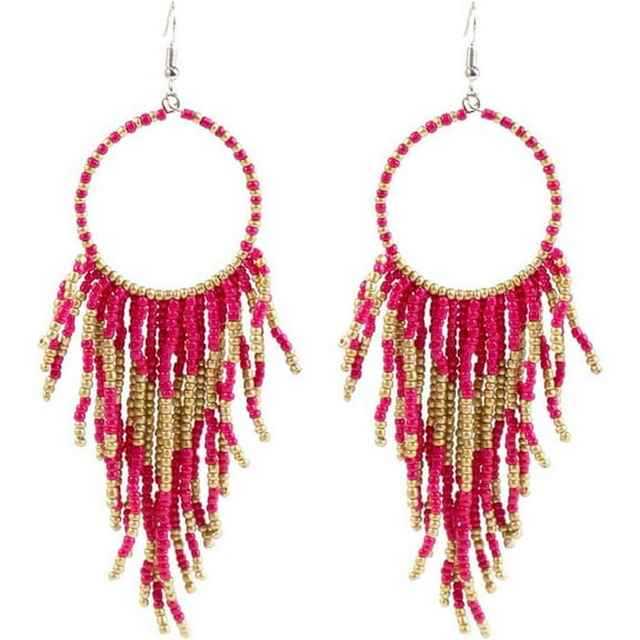Handmade Seed Beaded Earrings for Women - Bohemian Tribal Vintage Tassel Hoop Dangle Drop Circle Earrings