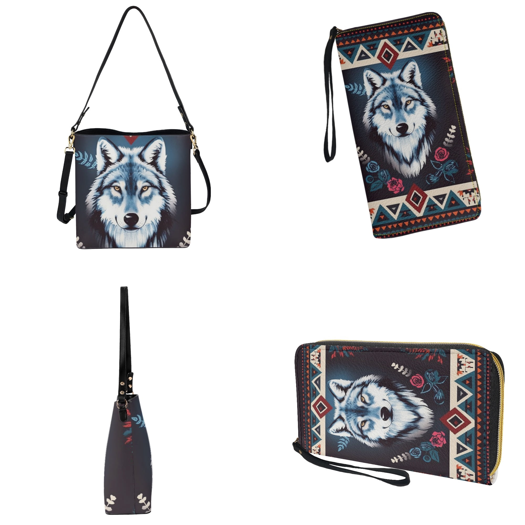ZUXONGSY Aztec Wolf Rose Print Bucket Bag Tote Purse Set for Women Casual Crossbody Hobo Bag with Wallet Set Fashion Shoulder Bag with Leather Wallet for Shopping