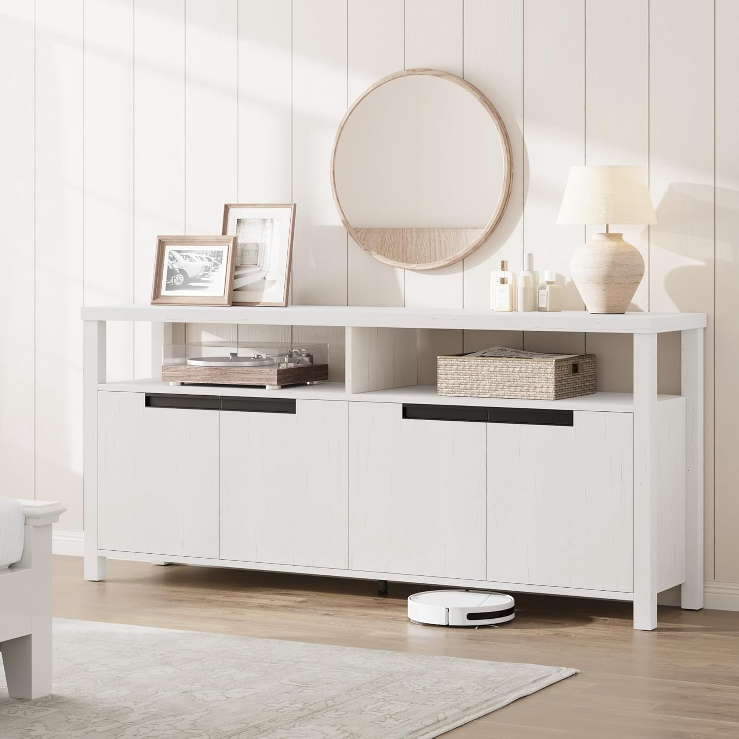 Garvee Boho TV Stand for TVs up to 70 Inch, 63" Rustic Entertainment Center with 4 Doors & Open Shelf, Adjustable Storage for Living Room, Bedroom, White