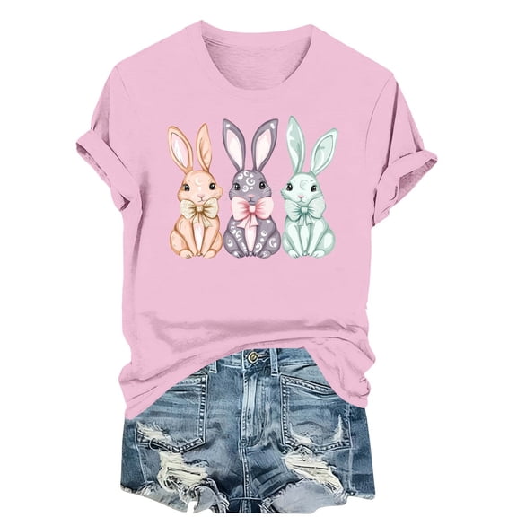 Tnhcen Women's Easter Bunny Print Graphic Tee Casual Short Sleeve Round Neck Plus Size S-3XL Cotton Spandex Polyester Stretchy Comfortable Spring Holiday Wear