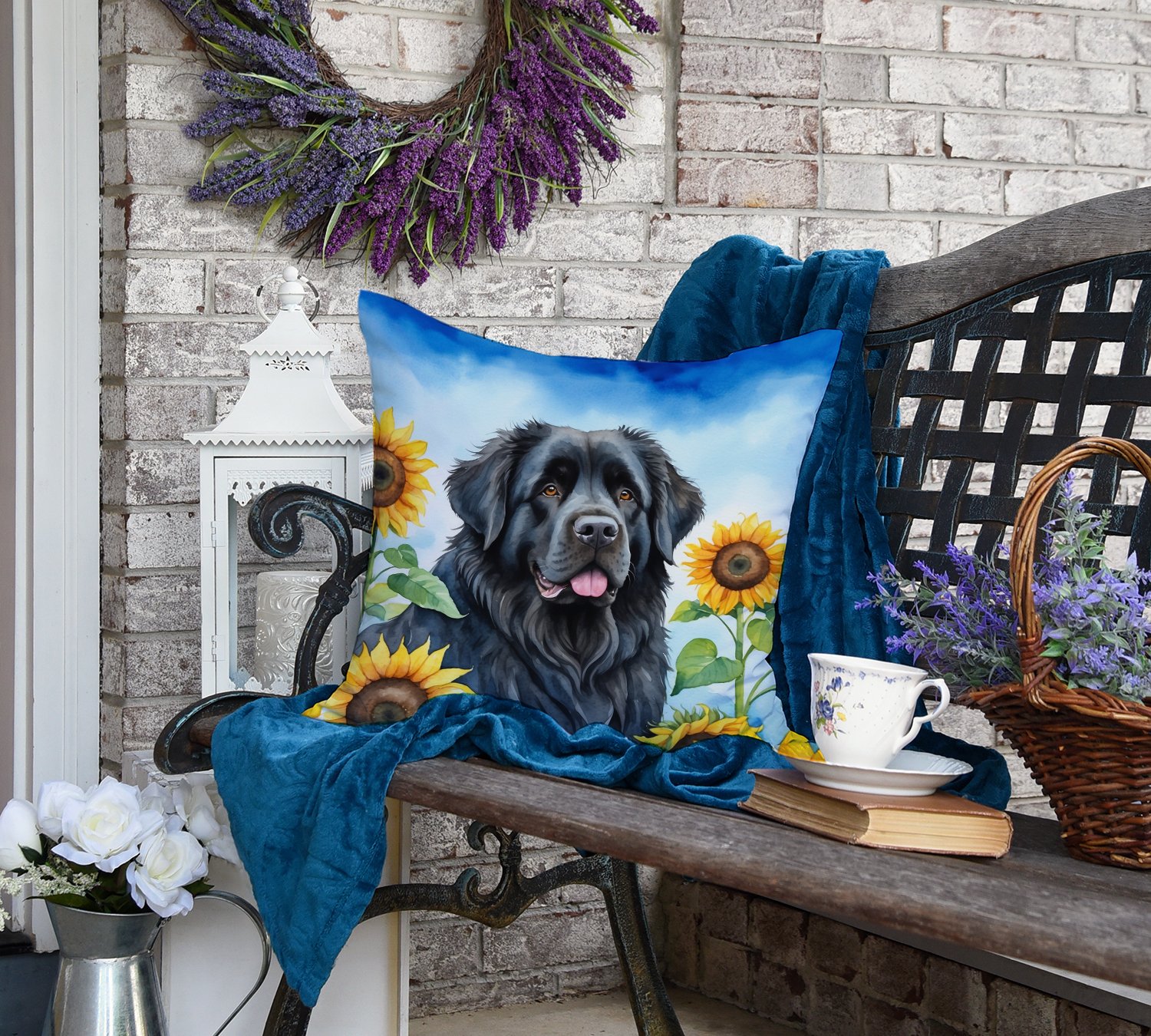 Newfoundland in Sunflowers Throw Pillow 18 in x 18 in