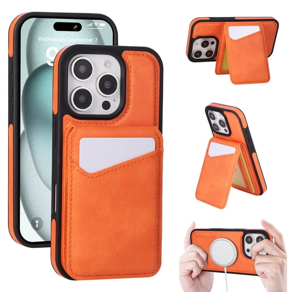 Designed for iPhone 13 Pro Phone Case,2-in-1 Magnetic Detachable Card Holder,With Card Slots,Back Flip Kickstand,Compatible with Mag-Safe,PU Leather Shockproof Wallet Phone Case,Orange