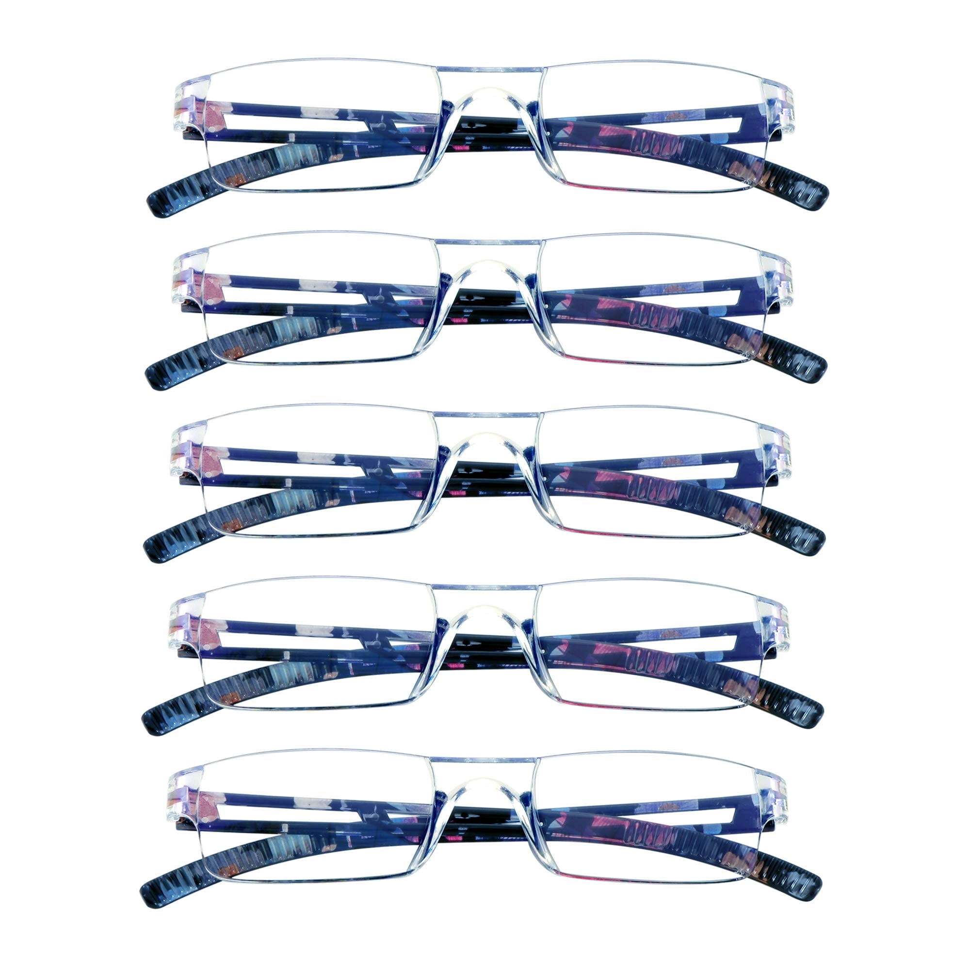 VisionGlobal 5 Pack Blue Light Blocking Reading Glasses, Fashion Square Computer Eyeglasses for Men Women (Blue Floral,+4.00 Magnification)