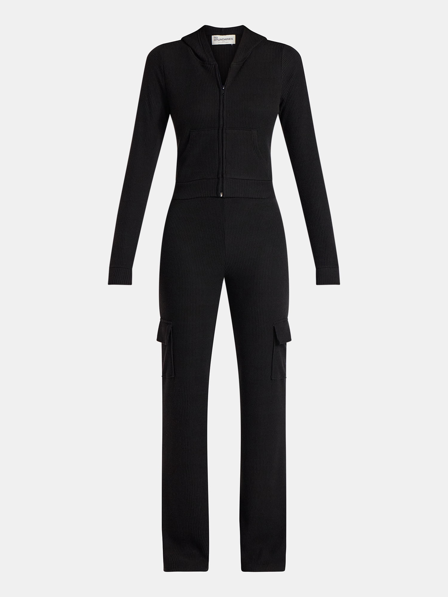 No Boundaries Brushed Ribbed Zip-Up Hoodie and Flare Pants Set, 2-Piece, Women's