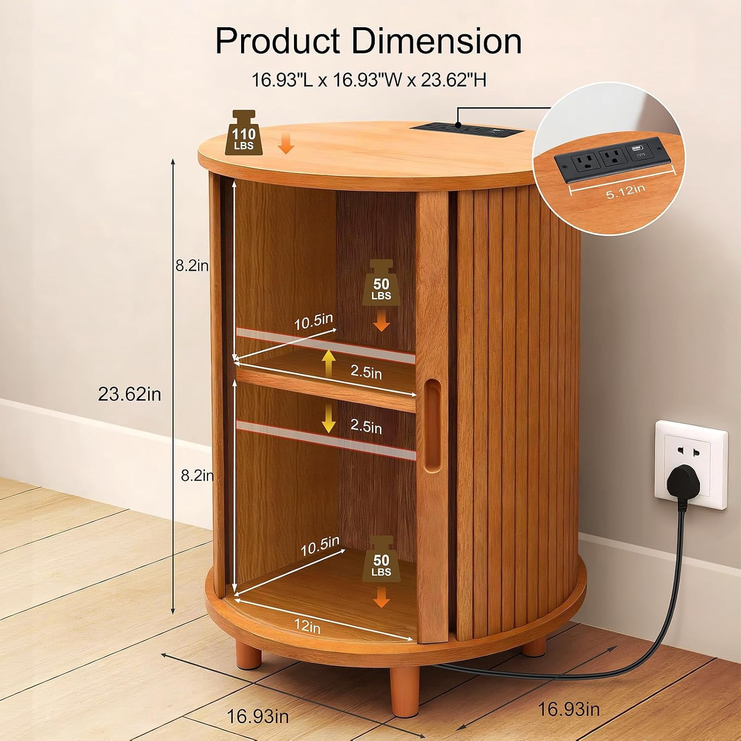 Mid-Century End Table Set of 2 with Charging Station & Storage, Sliding Door and Adjustable Shelf, Nightstand for Small Spaces, Living Room, Bedroom, Yellow Walnut