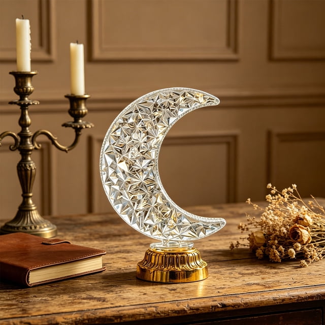 Battery Powered LED Night Light Decorative Table Lamp, Diamond-Cut Crystal Style with Gold Base, Portable Bedside Light for Bedroom, Party, Kids