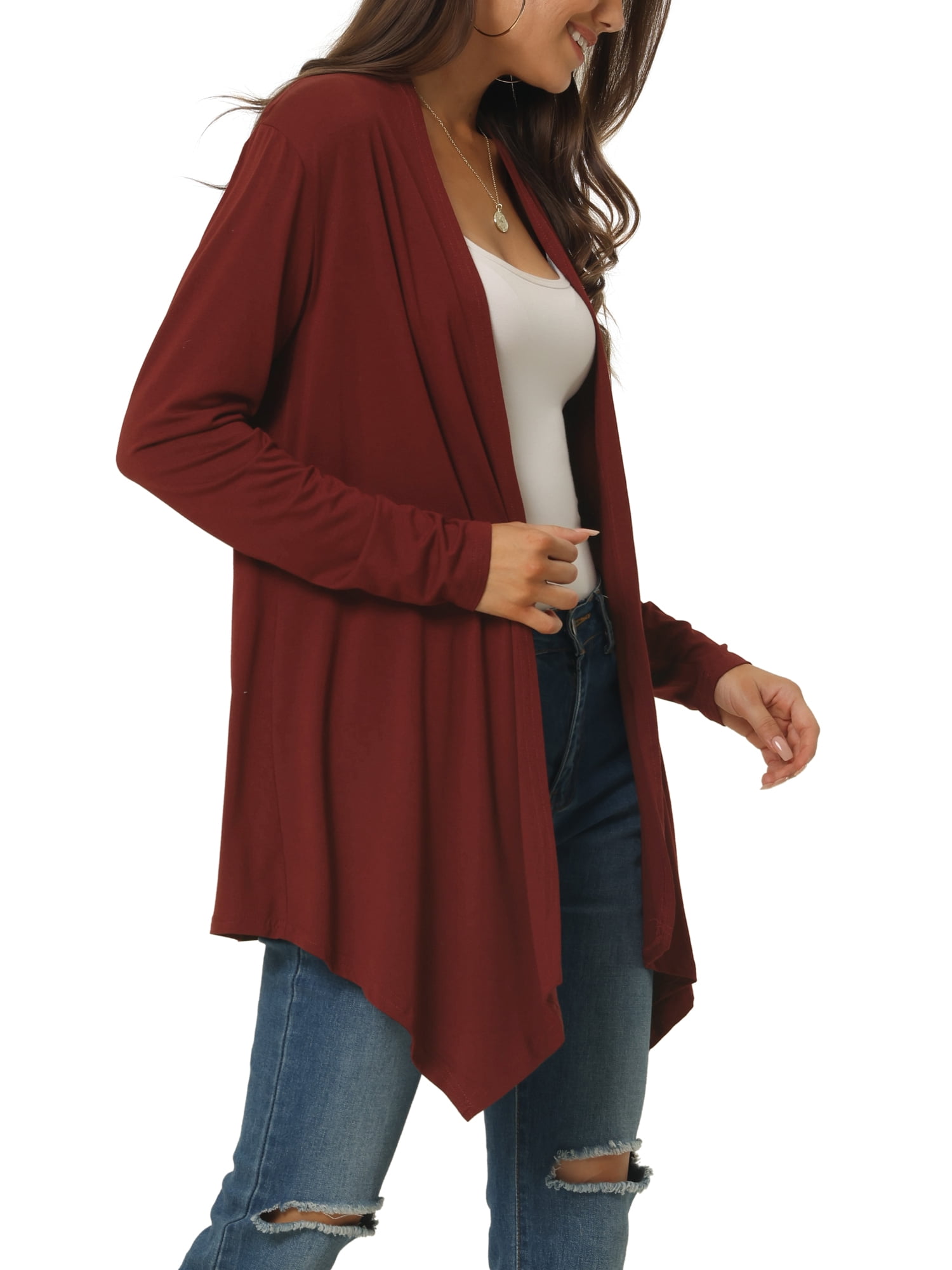 Unique Bargains Women's Spring Fall Draped Open Front Lightweight Cardigan Shrugs Boleros XL Wine Red
