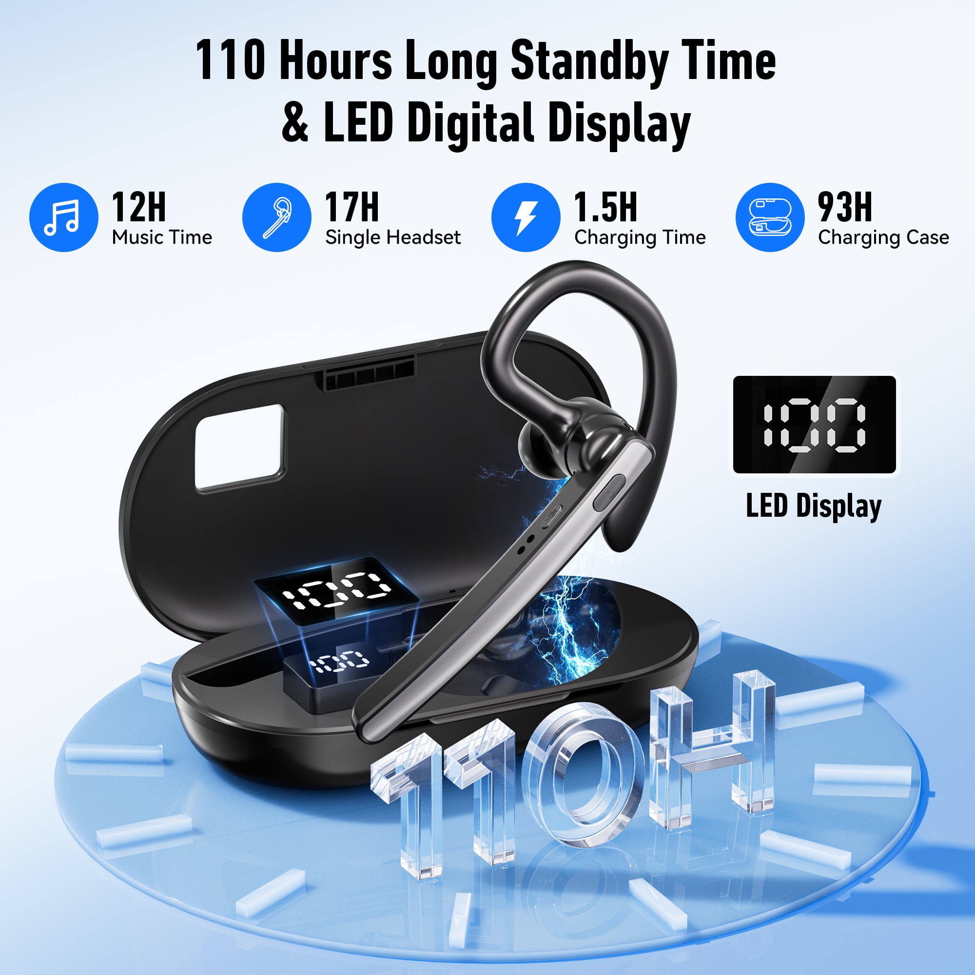 Bluetooth Headset, Single-Ear Wireless Earpiece with ENC Mic with HiFi Stereo Sound, 110H Playtime, Handsfree Waterproof Wireless Headset with 600mAh Charging Case