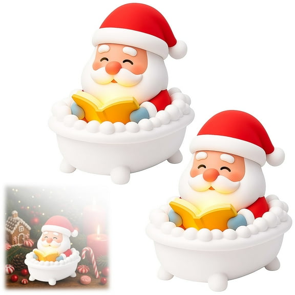 Santa Bathtub Reading Night Light Ornament - Unique Christmas Desktop Decoration Sculpture Whimsical Resin Design for Home and Ornament Display