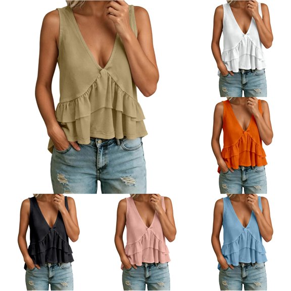 HAYIMI Women Elegant Summer Solid Color Ruffle Sleeveless Tops For Lightweight Tank Tops With Design Breathable Everyday wear V-Neck Cozy Camisole