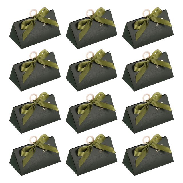 Unique Bargains Candy Boxes, 30 Pcs Wedding Gift Boxes Paper Box with Ribbon and Wood Ring 6.7 x 3.9 x 3.3 Inch, Dark Green