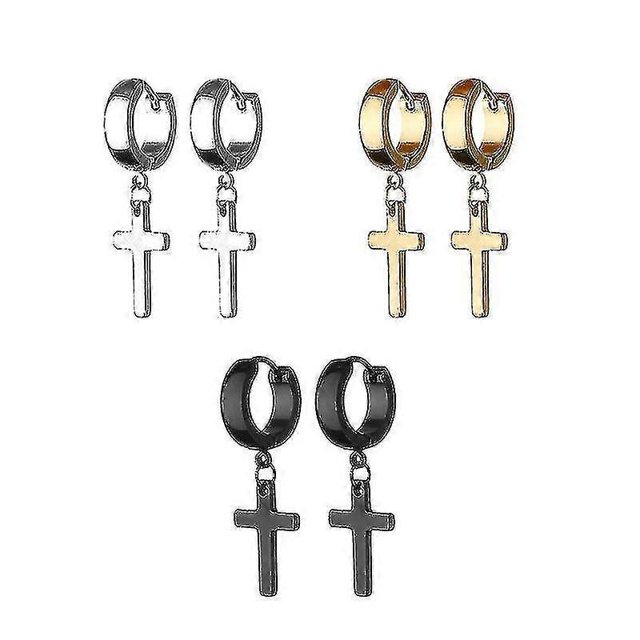 3 Pairs Stainless Steel Clip On Hoop Earrings With Cross For Men Women, Non Piercing Silver Gold Black------Product code 60209