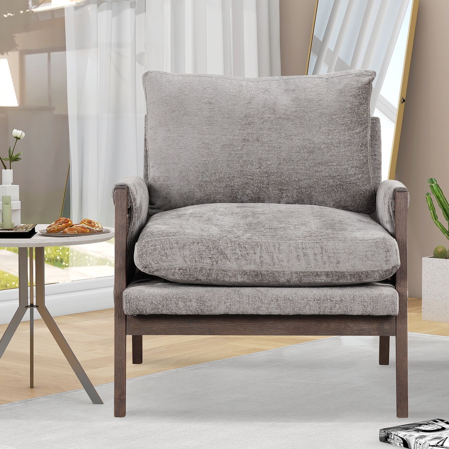 Kadyn Modern Velvet Accent Chair, Solid Wood Leisure Chair with Thick Seat Cushion, Upholstered Armchair for Living Room, Grey