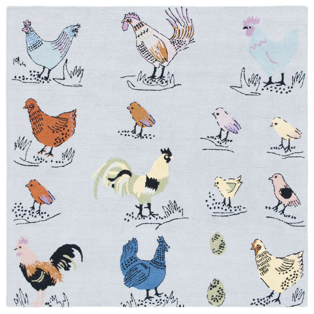 SAFAVIEH Novelty Gracelyn Roosters and Chicks Wool Area Rug, Blue/Yellow, 4' x 6'