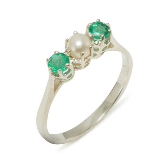 LBG 10k White Gold Cultured Pearl & Emerald Womens Anniversary Ring - Size 10