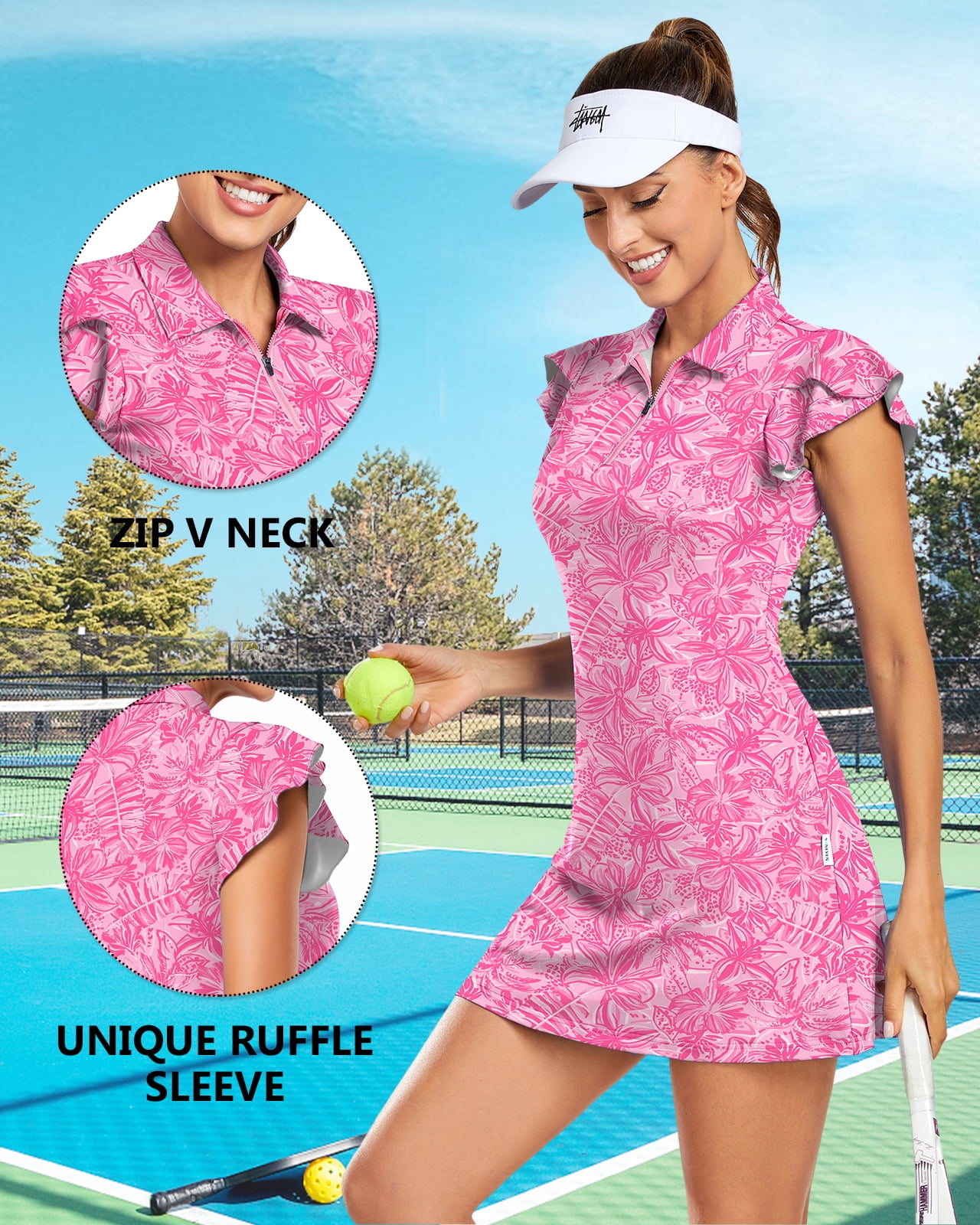 Women’s Floral Ruffle Sleeve Tennis Dress with 1/4 Zip and Built-in Shorts Athletic Tennis Dress with Pockets