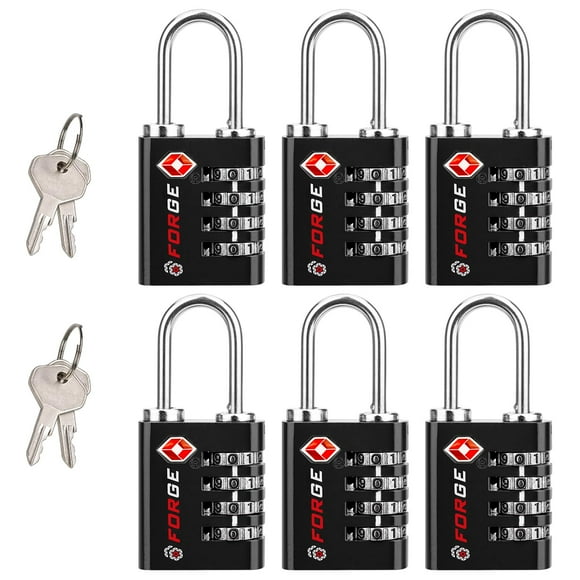 Forge Dual-Opening: Key or Combination Access Lock, TSA Approved Locks for Luggage, Pelican case, Travel, Gym, School, Stainless Steel Shackle.(Black 6 Pk)