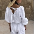 thumbnail image 6 of GiLiling Toddler Teen Girls Cotton Linen Outfit Set - Mid Sleeve Tie Waist Top with Casual Trousers 2 Piece Set (White, 5-6 Years), 6 of 9