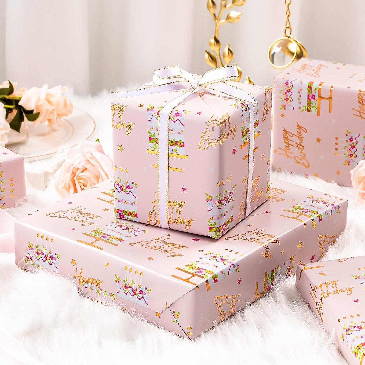 HOMERAL Birthday Cake Wrapping Paper Roll, 17" x 33 ft photo 3