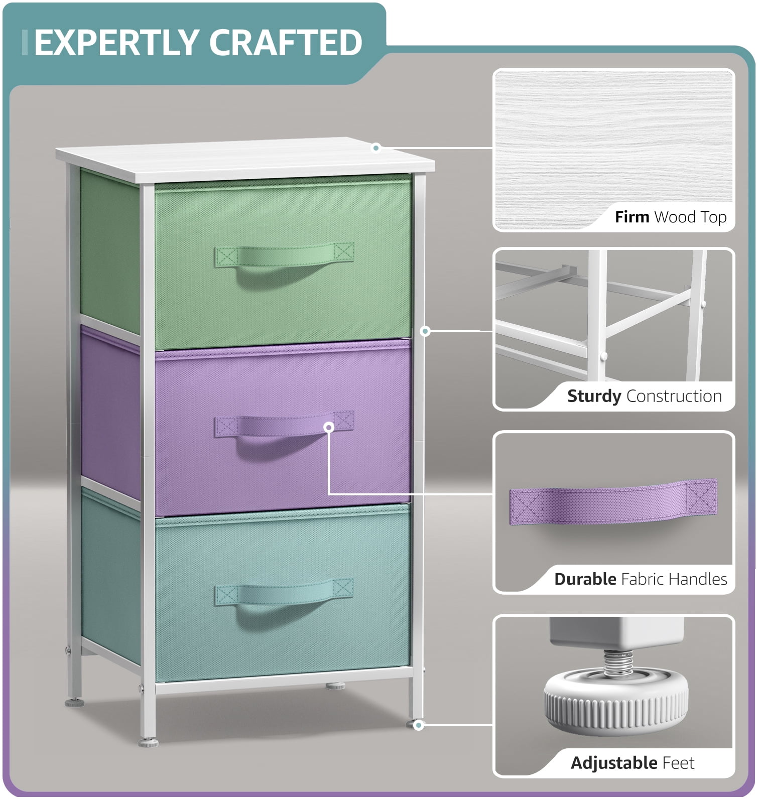 Sorbus 3-Drawer Nightstand with Steel Frame, Wood Top, Fabric Bins, Multi Pastel