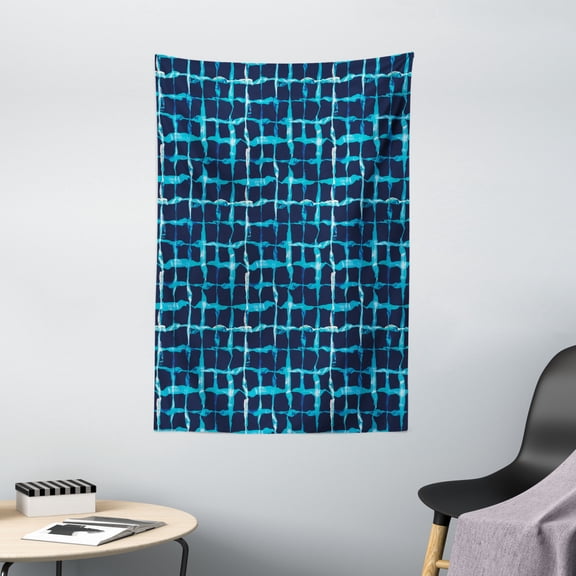 Indigo Tapestry, Watercolor Print Geometric Squares Lines Aqua Pool Inspired Design, Wall Hanging for Bedroom Living Room Dorm Decor, 40W X 60L Inches, Navy Blue White and Sky Blue, by Ambesonne