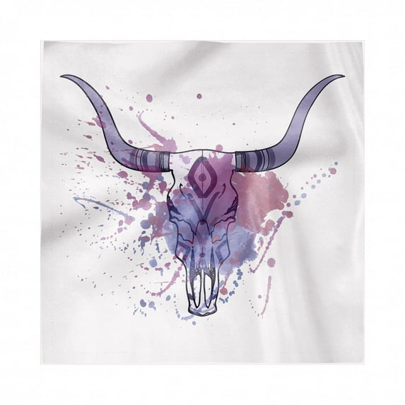 Longhorn Decorative Napkins Set of 4, Graphic of Bull Skull with Paint Splashes in Purple Tones, Silky Satin Fabric for Brunch Dinner Party, 18", Eggshell and Multicolor, by Ambesonne