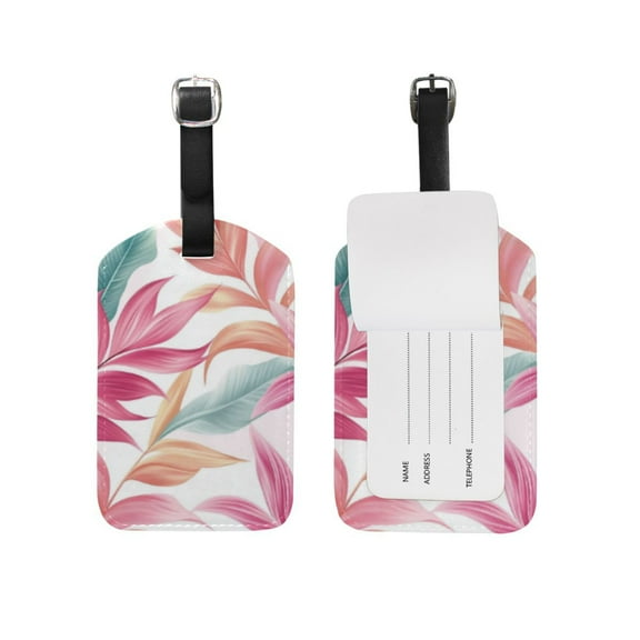 Elegant Pink Leaves Luggage Tags PU Leather Name ID Labels for Suitcase Baggage Handbag 2 Pack