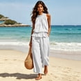thumbnail image 4 of Women's Linen 2 Piece Outfits Summer Loungewear Sleeveless Ruffle Top Wide Leg Pants Beach Travel Sets, 4 of 6