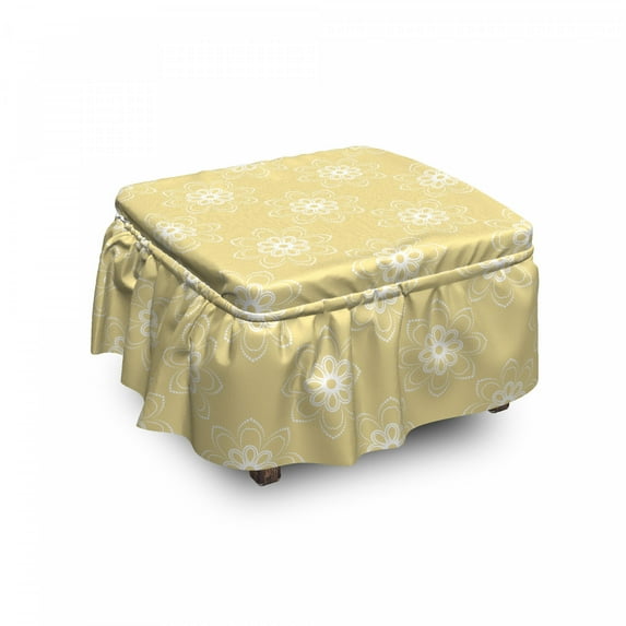 Floral Ottoman Cover, Classical Dotted Flowers, 2 Piece Slipcover Set with Ruffle Skirt for Square Round Cube Footstool Decorative Home Accent, Standard Size, Pale Camel White, by Ambesonne