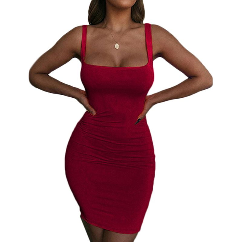 Women Summer Sleeveless Bodycon Mini Pencil Dress Sexy Square Neck Neon  Solid Candy Color Stretch Office Lady Cocktail Party Clubwear - Walmart.com