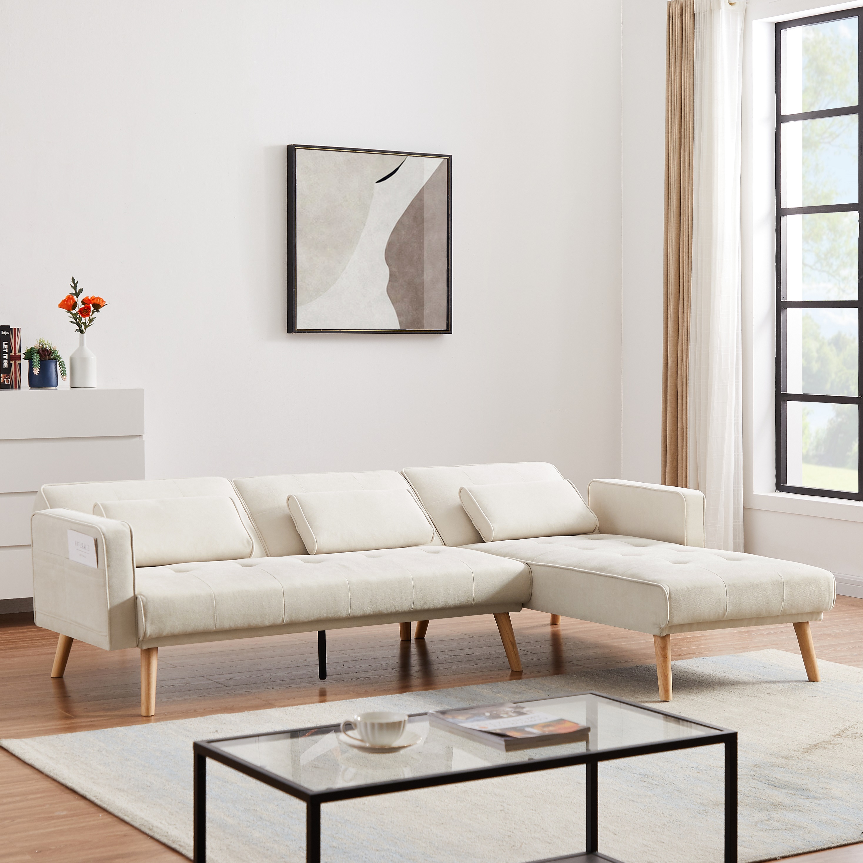 DEALTOPS Convertible Sectional Sofa Upholstered Sleeper Sofa Couch Bed with Left Chaise L-shaped Corner&nbsp;Sofa Chair for Living Room - Dark Beige