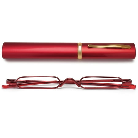 MAGIMODAC Pocket Reading Glasses Compact Men Women Metal Eyeglasses Eyewear With Case (Red, +3.0)
