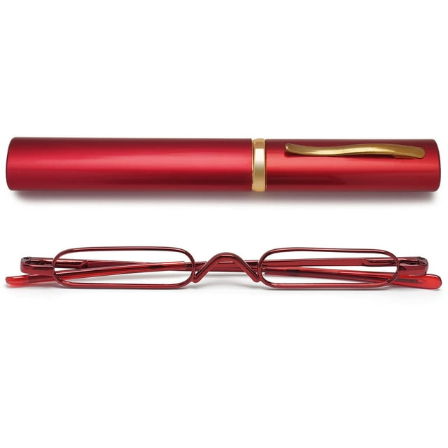 MAGIMODAC Lunettes de Lecture de Poche Compactes Hommes Femmes Lunettes en Métal avec Étui (Rouge, +1.0)