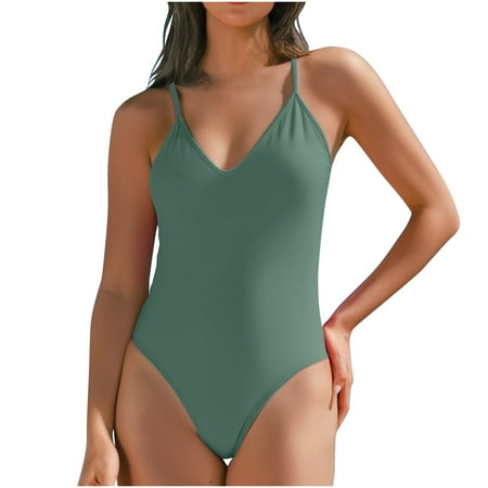 TrendVibe365 Bathing Suit for Women One-Piece Green Thong V Neck with Padded Bra Solid Swimwear Beachwear S