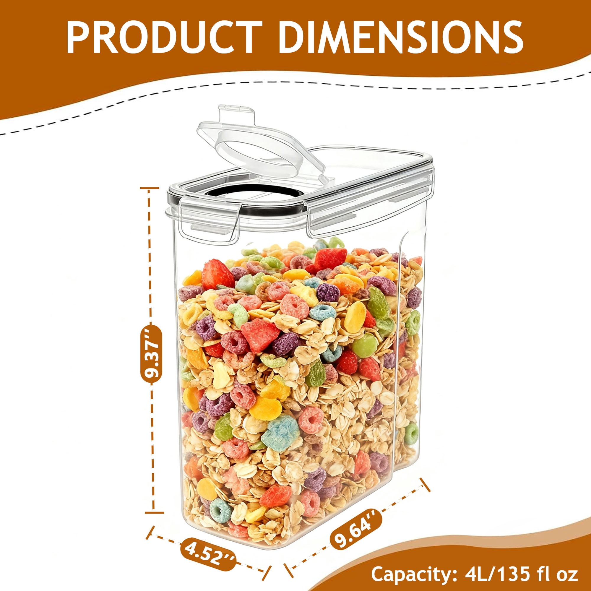 GARITIN Cereal Container, Airtight Food Storage Containers, Plastic Cereal Storage Containers with Lids, Cereal Dispenser Keeper for Dry Food, Kitchen Pantry Organization Containers, 135 fl oz