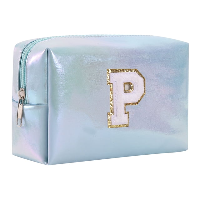 Bolsa de maquillaje con letras bordadas de gran capacidad, neceser, bolsa de viaje, bolso de mano, bolso de cosméticos, azul