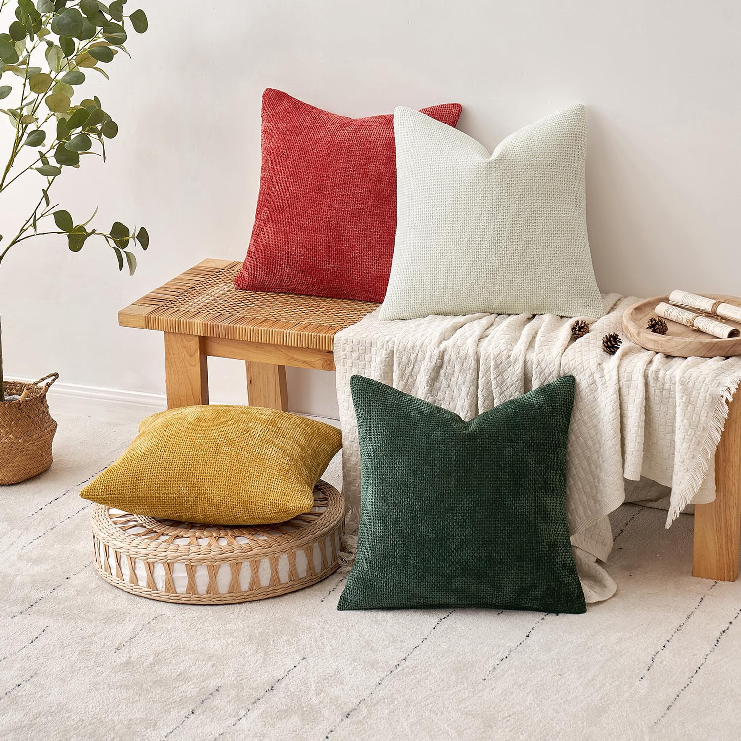Lomyolo Set of 4 Chenille Pillow Covers - 20x20 Inch Soft Farmhouse Decor for Couch, Sofa, Bedroom Winter Fall Farmhouse Accent Boho Cushions Decor