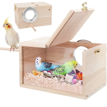 Parakeet Nesting Box Transparent Design, Bird Nest Breeding Box with Wood Bird Cage House for Cockatiel Lovebirds Finch Parrotlets Canary （12*12*19.5）
