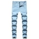 thumbnail image 1 of Pantalones vaqueros de longitud completa para hombre, vaqueros rotos de color azul claro con cremallera, lavados, elásticos, tendencia para exteriores, pantalones vaqueros para hombre., 1 of 9