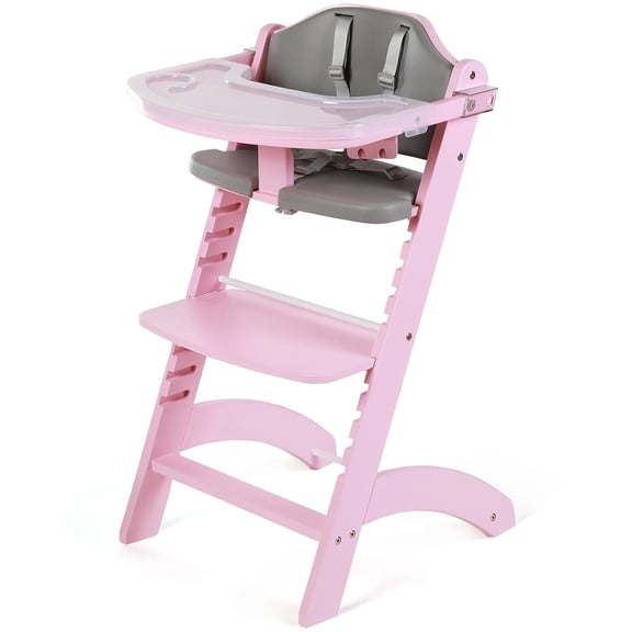 Cowiewie 3-in-1 Convertible Wooden Baby High Chair, 10-Level Height, 2-Tier Removable Tray, 2 Waterproof Cushions for Babies & Toddlers, Pink