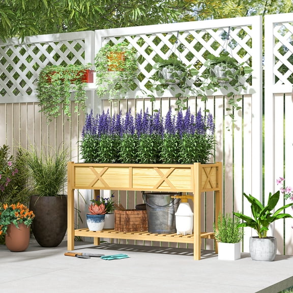 Outsunny Wooden Raised Planter Box, 47 x 22 x 31.5 in. Raised Flower Bed with Storage Shelf, Drainage Holes, and Liner, Natural