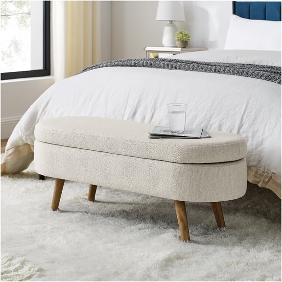 JERFIT Beige Linen Upholstered Storage Ottoman Bench with Wood Legs, Oval Seat Pouf Footstool for Living Room