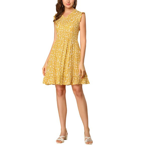 MODA NOVA Junior's Floral Print A Line V Neck Sleeveless Ruffle Dress Yellow XXL