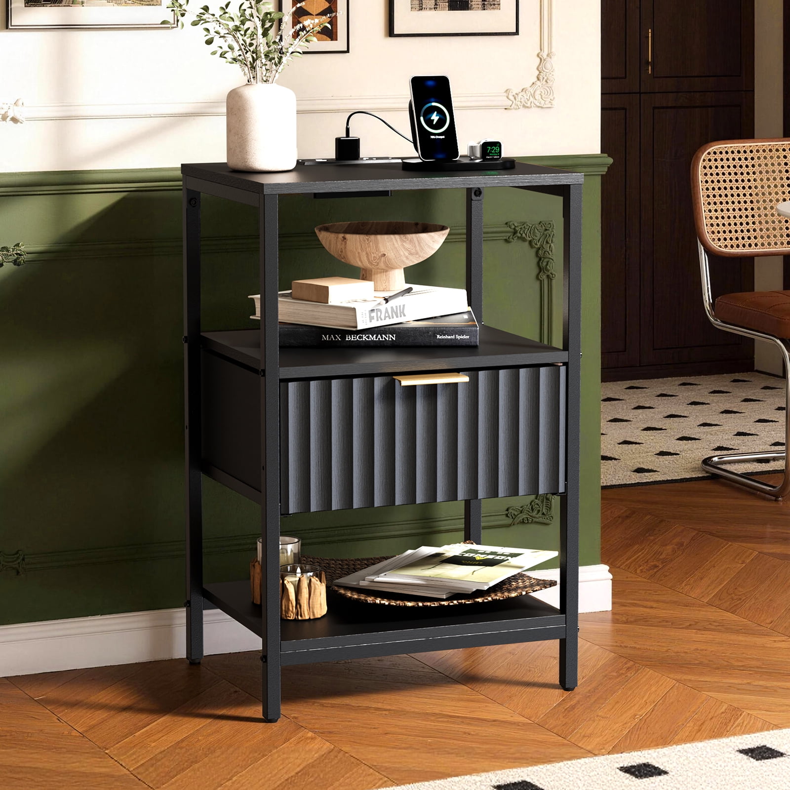 Ktaxon Fluted Nightstand with Charging Station End Table with Drawers Bedside Table Furniture for Bedroom, Living Room, Black