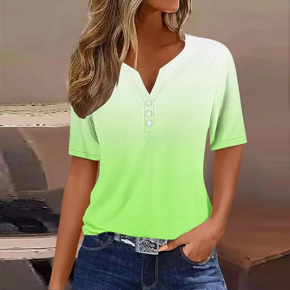 Axiiglly Plus Size Tops for Women V Neck Gradient Color Shirts Short Sleeve Casual Shirts Fashion Loose Summer Going Out Tops