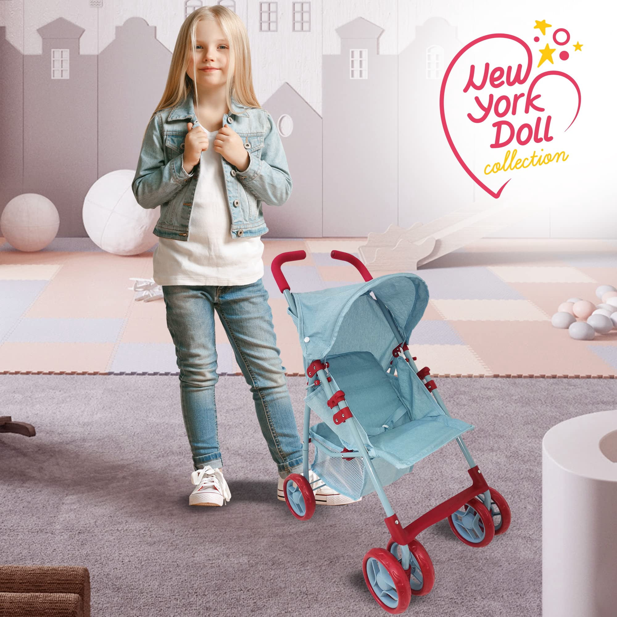The New York Doll Collection Light Denim Print Baby Doll Stroller for Kids, Girls, Boys