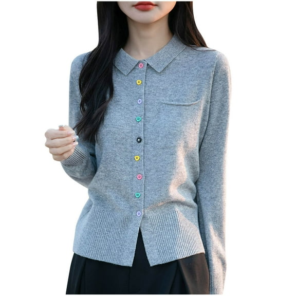 Women's Merino Wool Polo Cardigan Lapel Collar Button Down Long Sleeve with Pocket Spring Office-Ready Knitted Essential Smart Casual