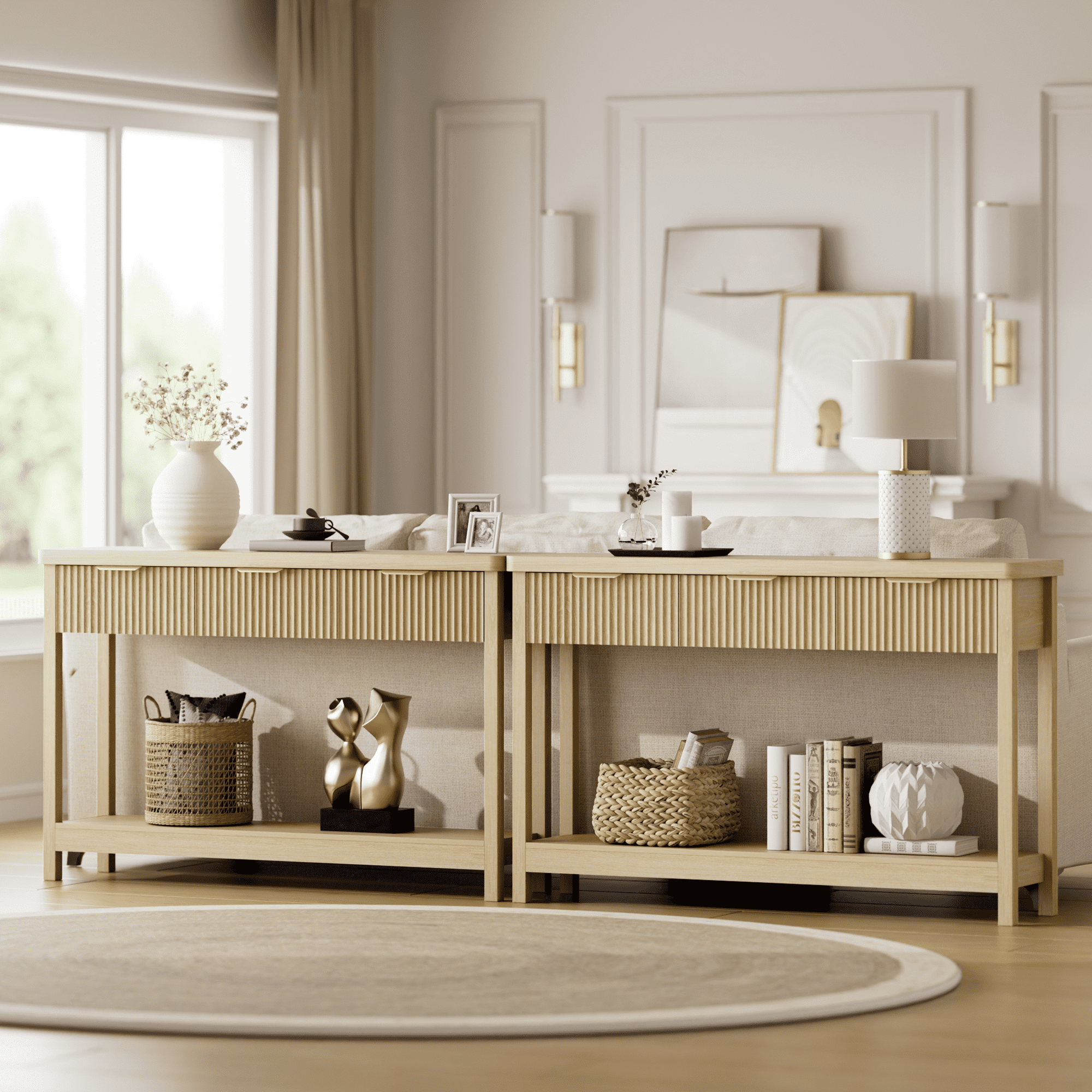 Aufeile 51" Entryway Table, Fluted Console Table with 3 Storage Drawers and Open Shelf, Narrow Couch Sofa Table for Living Room Hallway Entrance Foyer, Natural Oak