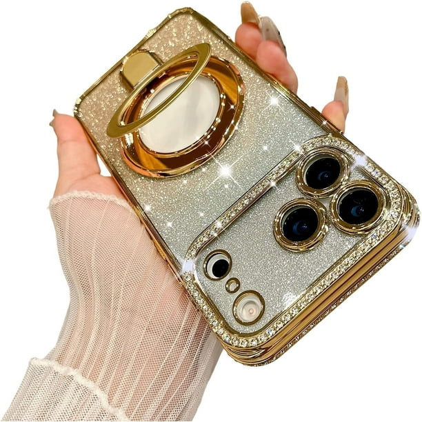 Estuche magnético con purpurina para iPhone 17 Pro Max, con MagSafe, con brillantes y soporte, de lujo, para cámara y a prueba de golpes