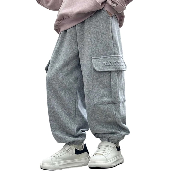 Ohufall 5-14Y Girls and Boys Sweatpant Winter Elastic Waist Sweatpants with Multi Pockets Wide Leg Trousers